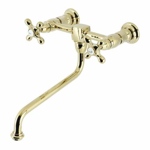 Kingston Brass KS1202AX Heritage Double-Handle Wall-Mount Kitchen Faucet, Polished Brass