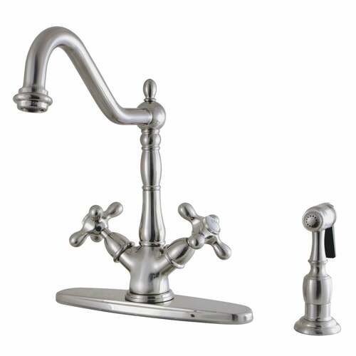 Kingston Brass KS1238AXBS Heritage Brushed Nickel Two-Handle Kitchen Faucet with Deck Plate Sprayer