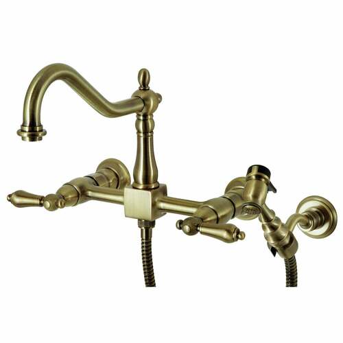 Kingston Brass KS1243ALBS Heritage Double-Handle Wall-Mount Kitchen Faucet with Brass Sprayer, Antique Brass