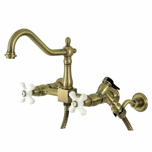 Kingston Brass KS1243PXBS Heritage Double-Handle Wall-Mount Kitchen Faucet with Brass Sprayer, Antique Brass