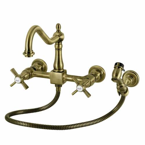 Kingston Brass KS1243ZXBS Millennium Antique Brass Double-Handle Wall-Mount Kitchen Faucet with Sprayer