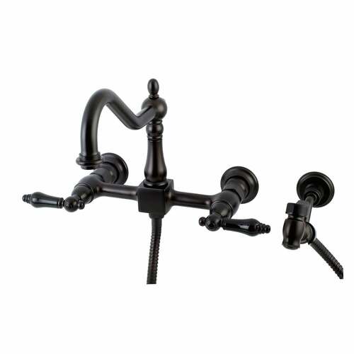 Kingston Brass KS1245PKLBS Duchess Double-Handle Wall-Mount Kitchen Faucet with Brass Sprayer, Bronze