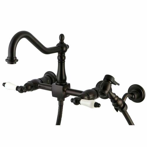 Kingston Brass KS1245PLBS Heritage Double-Handle Wall-Mount Kitchen Faucet with Brass Sprayer, Bronze