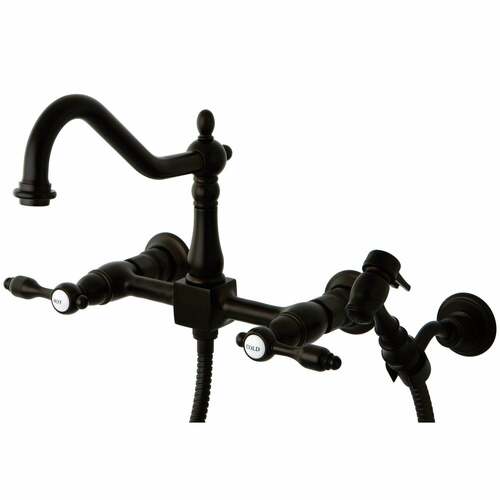Kingston Brass KS1245TALBS Tudor Double-Handle Wall-Mount Kitchen Faucet with Brass Sprayer, Oil Rubbed Bronze