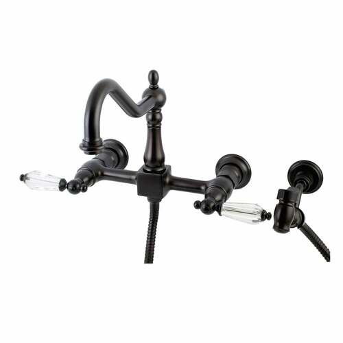 Kingston Brass KS1245WLLBS Wilshire Wall-Mount Double-Handle Kitchen Faucet with Brass Sprayer, Bronze