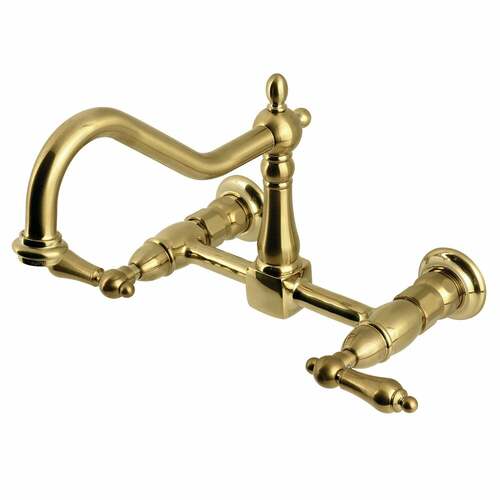 Kingston Brass KS1247AL Heritage Double-Handle Wall-Mount Kitchen Faucet, Brushed Brass