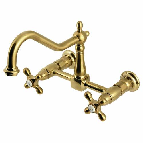 Kingston Brass KS1247AX Heritage Double-Handle Wall-Mount Kitchen Faucet, Brushed Brass