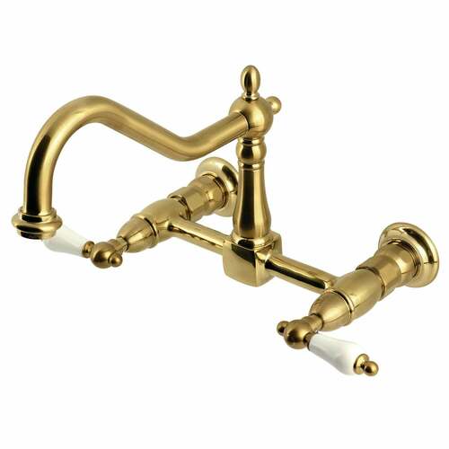 Kingston Brass KS1247PL Heritage Double-Handle Wall-Mount Kitchen Faucet, Brushed Brass