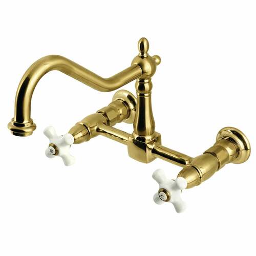 Kingston Brass KS1247PX Heritage Double-Handle Wall-Mount Kitchen Faucet, Brushed Brass