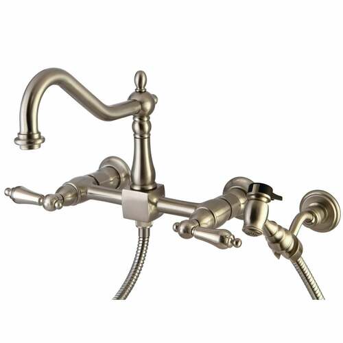 Kingston Brass KS1248ALBS Heritage Double-Handle Wall-Mount Kitchen Faucet with Brass Sprayer, Nickel