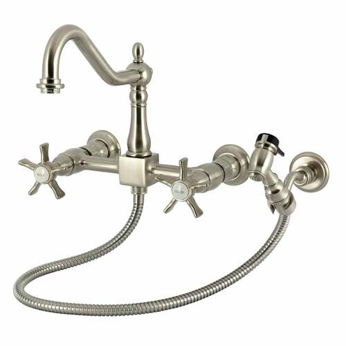 Kingston Brass KS1248NXBS Hamilton Double-Handle Wall-Mount Kitchen Faucet with Brass Sprayer, Nickel