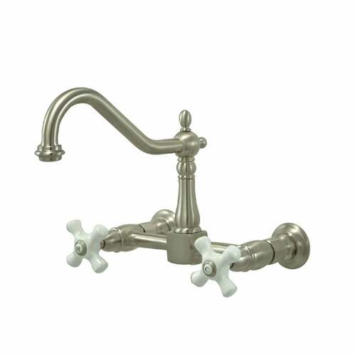 Kingston Brass KS1248PX Heritage Double-Handle Wall-Mount Kitchen Faucet, Brushed Nickel