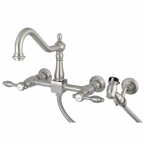 Kingston Brass KS1248TALBS Tudor Double-Handle Wall-Mount Kitchen Faucet with Brass Sprayer, Nickel