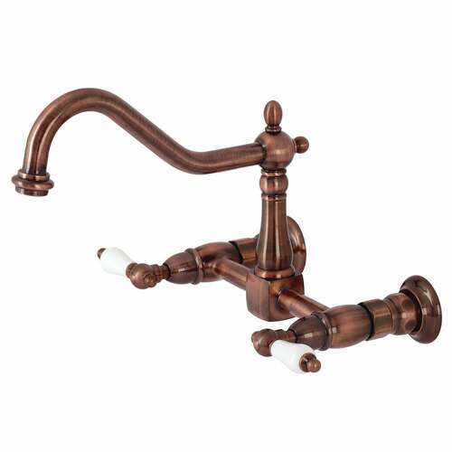 Kingston Brass KS124PLAC Heritage Double-Handle Wall-Mount Kitchen Faucet, Antique Copper