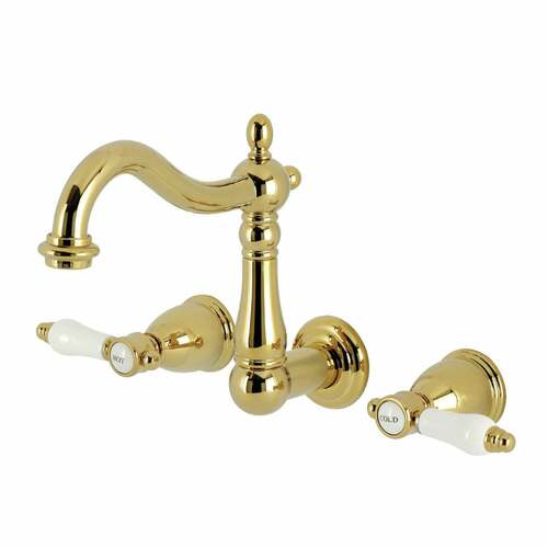 Kingston Brass KS1252BPL Bel-Air Polished Brass Double-Handle 3-Hole Wall Mount Bathroom Faucet