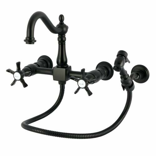 Kingston Brass KS1260NXBS Hamilton Double-Handle Wall-Mount Kitchen Faucet with Brass Sprayer, Matte Black