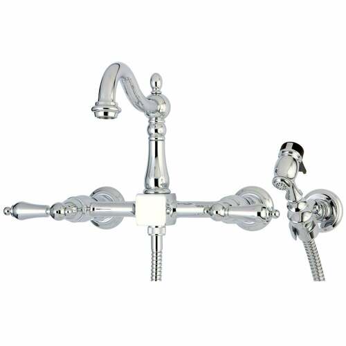 Kingston Brass KS1261ALBS Heritage Double-Handle Wall-Mount Kitchen Faucet with Brass Sprayer, Chrome