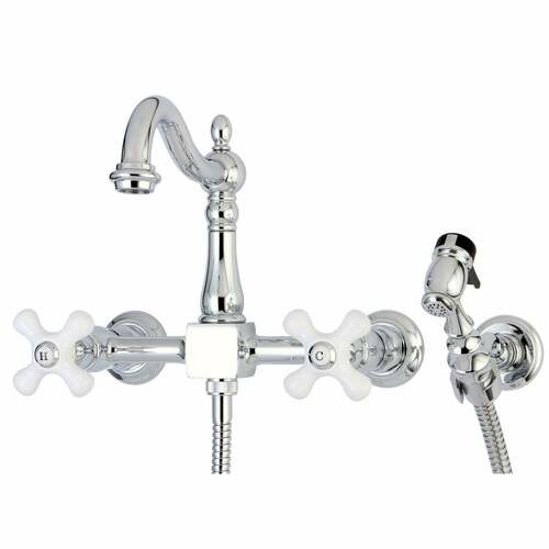 Kingston Brass KS1261PXBS Heritage Double-Handle Wall-Mount Kitchen Faucet with Brass Sprayer, Chrome