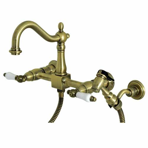 Kingston Brass KS1263PLBS Heritage Double-Handle Wall-Mount Kitchen Faucet with Brass Sprayer, Antique Brass