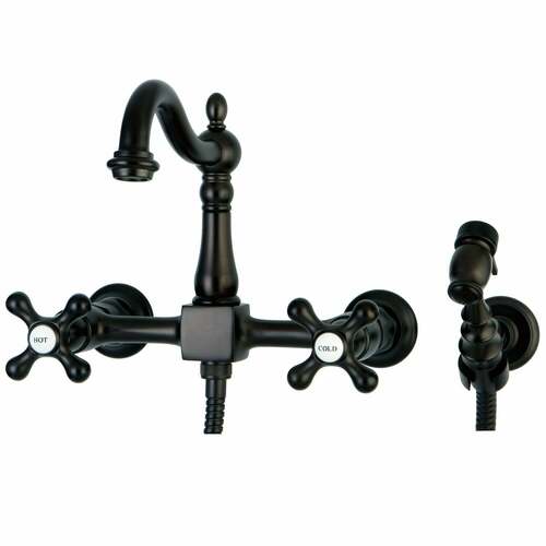 Kingston Brass KS1265AXBS Heritage Double-Handle Wall-Mount Kitchen Faucet with Brass Sprayer, Bronze