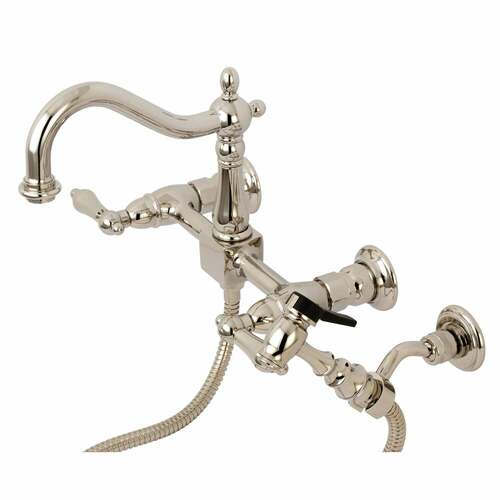 Kingston Brass KS1266ALBS Heritage Double-Handle Wall-Mount Kitchen Faucet with Brass Sprayer, Nickel