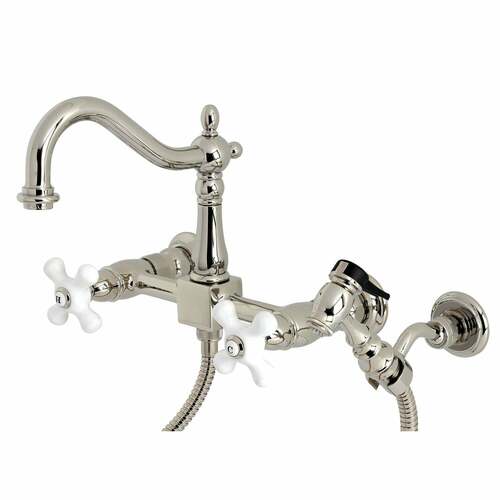 Kingston Brass KS1266PXBS Heritage Double-Handle Wall-Mount Kitchen Faucet with Brass Sprayer, Nickel