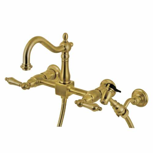 Kingston Brass KS1267ALBS Heritage Double-Handle Wall-Mount Kitchen Faucet with Brass Sprayer, Brushed Brass