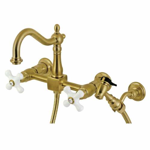 Kingston Brass KS1267PXBS Heritage Double-Handle Wall-Mount Kitchen Faucet with Brass Sprayer, Brushed Brass