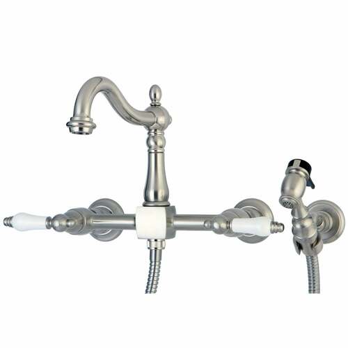 Kingston Brass KS1268PLBS Heritage Double-Handle Wall-Mount Kitchen Faucet with Brass Sprayer, Nickel