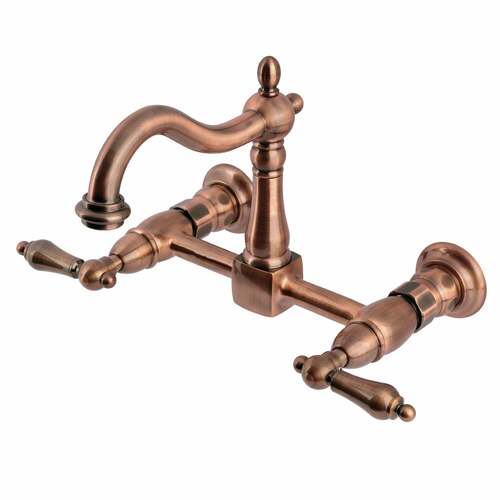 Kingston Brass KS126ALAC Heritage Double-Handle Wall-Mount Bridge Kitchen Faucet, Antique Copper