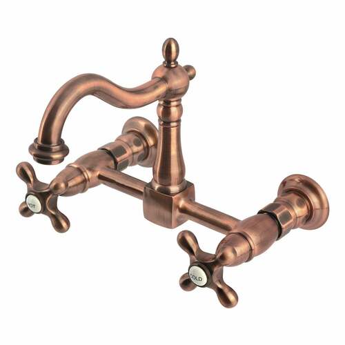 Kingston Brass KS126AXAC Heritage Double-Handle Wall-Mount Bridge Kitchen Faucet, Antique Copper
