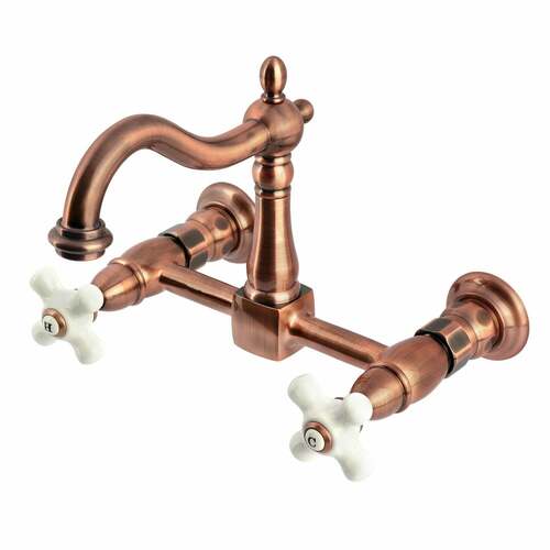 Kingston Brass KS126PXAC Heritage Double-Handle Wall-Mount Bridge Kitchen Faucet, Antique Copper