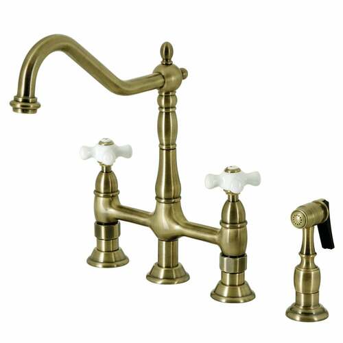 Kingston Brass KS1273PXBS Heritage Bridge Kitchen Faucet with Brass Sprayer, Antique Brass