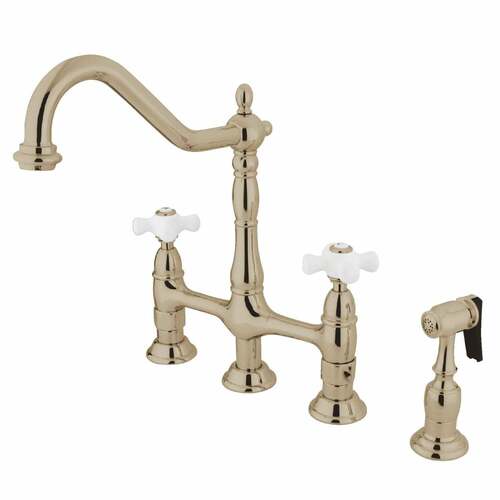 Kingston Brass KS1276PXBS Heritage Bridge Kitchen Faucet with Brass Sprayer, Polished Nickel