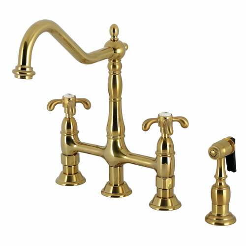 Kingston Brass KS1277TXBS French Country Double-Handle Bridge Kitchen Faucet with Brass Sprayer, Brushed Brass