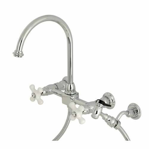 Kingston Brass KS1291PXBS Restoration Double-Handle Wall-Mount Kitchen Faucet with Brass Sprayer, Chrome