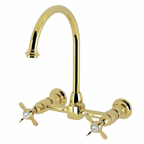 Kingston Brass KS1292BEX Essex Polished Brass Two-Handle Bridge Kitchen Faucet, 2-Hole Deck Mount