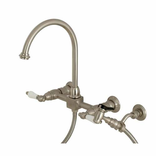 Kingston Brass KS1298PLBS Restoration Double-Handle Wall-Mount Kitchen Faucet with Brass Sprayer, Nickel