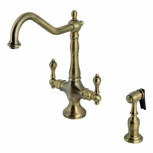 Kingston Brass KS1773ALBS Heritage Two-Handle Kitchen Faucet with Brass Sprayer, Antique Brass