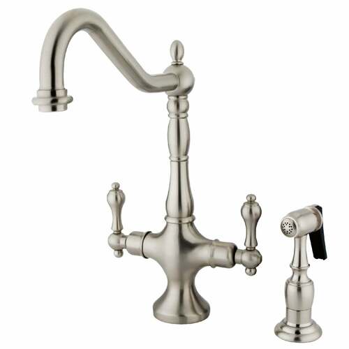 Kingston Brass KS1778ALBS Heritage Two-Handle Kitchen Faucet with Brass Sprayer, Brushed Nickel