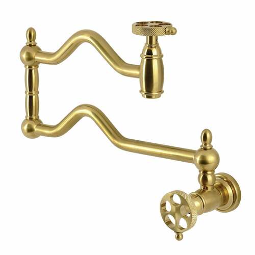 Kingston Brass KS2107RKX Webb Wall-Mount Pot Filler Faucet, Knurled Handle, Brushed Brass