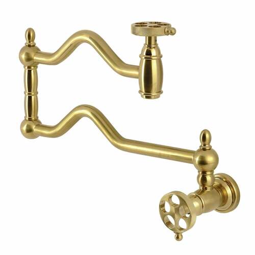 Kingston Brass KS2107RKZ Wendell Wall-Mount Pot Filler Faucet, Knurled Handle, Brushed Brass