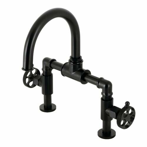 Kingston Brass KS2170RKX Webb Bridge Matte Black Bathroom Faucet with Knurled Handle Drain