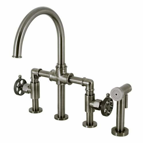 Kingston Brass KS2334RKX Webb Bridge Black Stainless Kitchen Faucet with Knurled Handle Sprayer