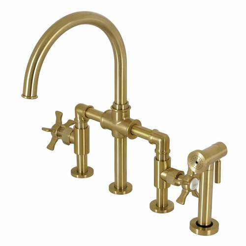 Kingston Brass KS2337NX Hamilton Industrial Bridge Kitchen Faucet with Brass Sprayer, Brushed Brass