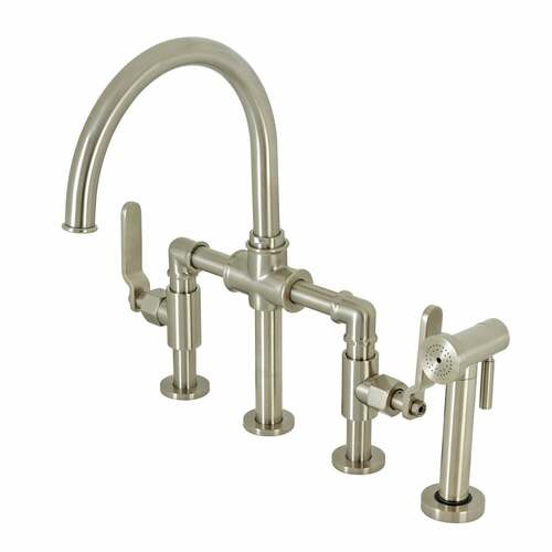 Kingston Brass KS2338KL Whitaker Industrial Bridge Kitchen Faucet with Brass Sprayer, Brushed Nickel