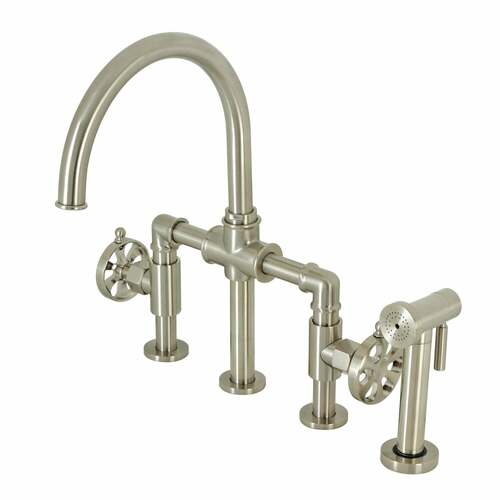 Kingston Brass KS2338RX Belknap Industrial Bridge Kitchen Faucet with Brass Sprayer, Brushed Nickel