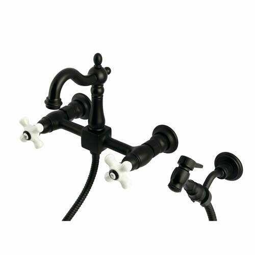 Kingston Brass KS2440PXBS Heritage Double-Handle Wall-Mount Kitchen Faucet with Brass Sprayer, Matte Black