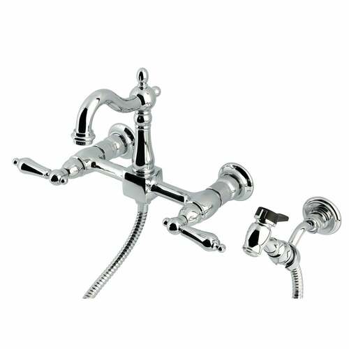 Kingston Brass KS2441ALBS Heritage Double-Handle Wall-Mount Kitchen Faucet with Brass Sprayer, Chrome