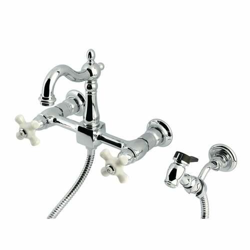 Kingston Brass KS2441PXBS Heritage Double-Handle Wall-Mount Kitchen Faucet with Brass Sprayer, Chrome